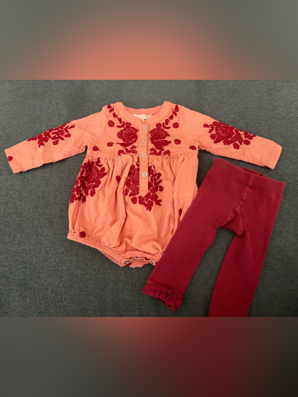 Pink Chicken Coral Romper with Burgundy Leggings Set